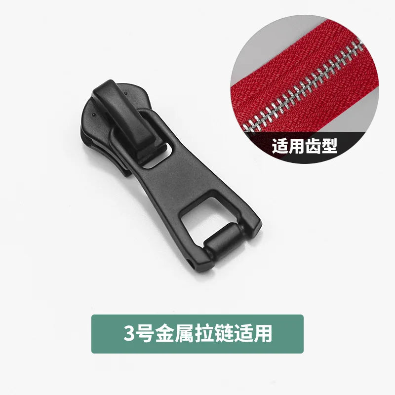 A black zipper slider with a red stitching detail is shown next to a green label indicating compatibility for 3, 5, and 8 siz