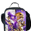 A black multi-compartment backpack featuring a graphic design of several African American athletes.