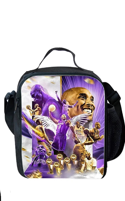 A black multi-compartment backpack featuring a graphic design of several African American athletes.