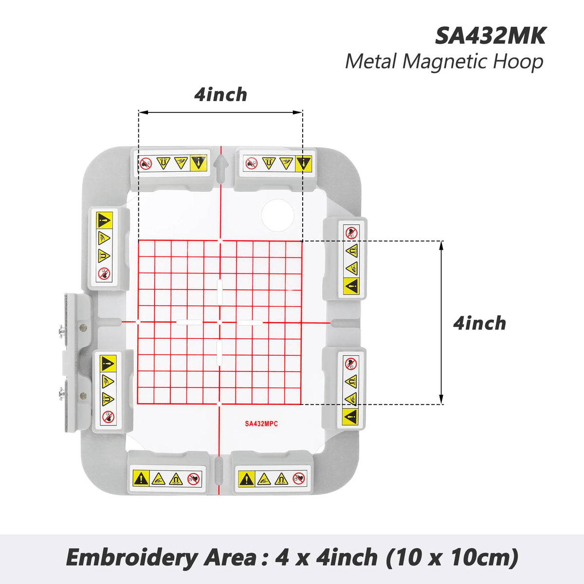 SA432MK Metal Magnetic Hoop for embroidery machines, measuring 4 inches by 4 inches.