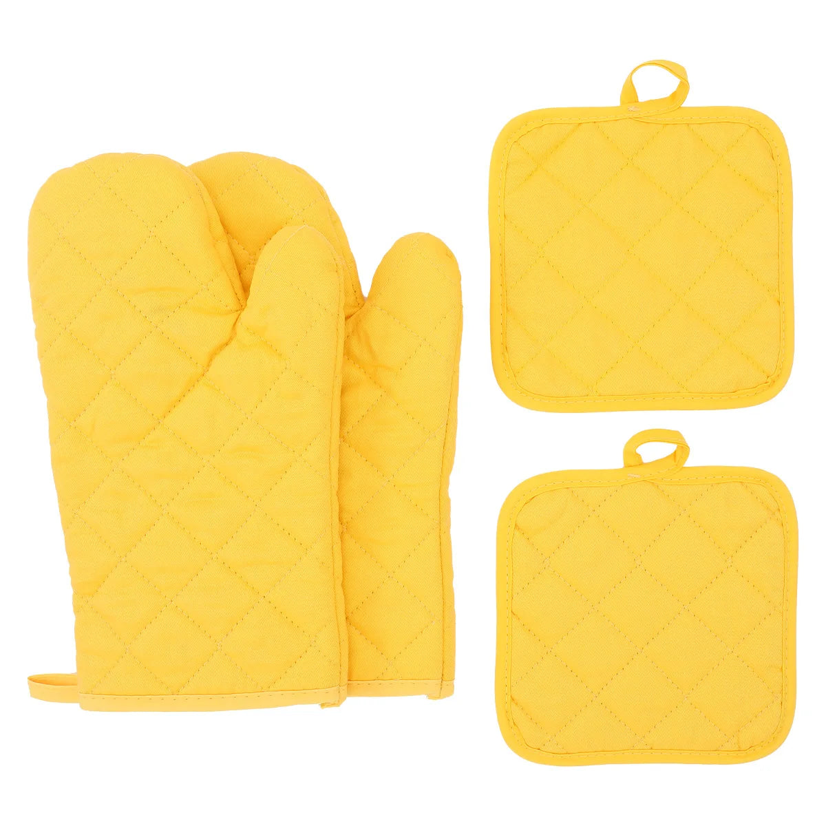 A set of yellow insulated heat resistant cooking gloves and matching silicone trivets.