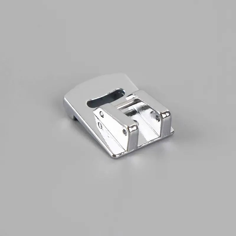 A pair of stainless steel rolled hem feet for sewing machines.