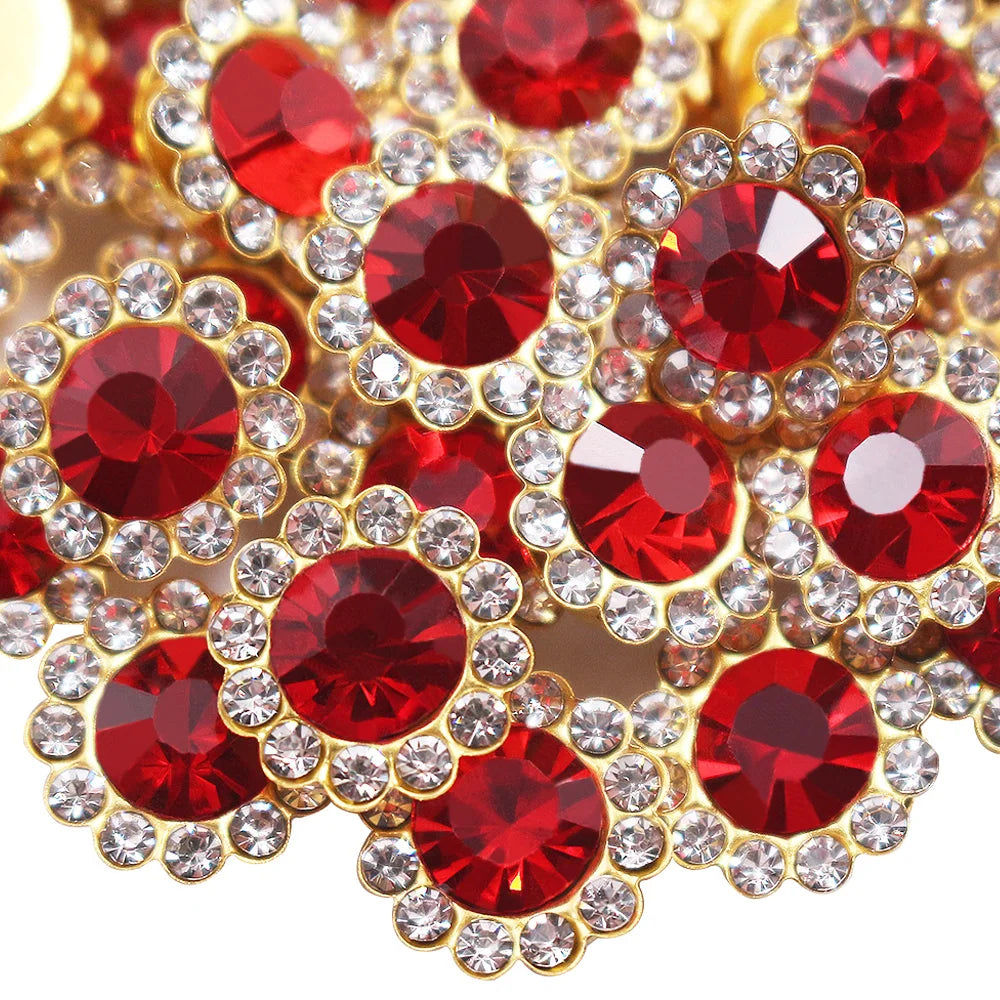 Close-up of sunflower crystal rhinestone sew-on buttons in red and clear stones.