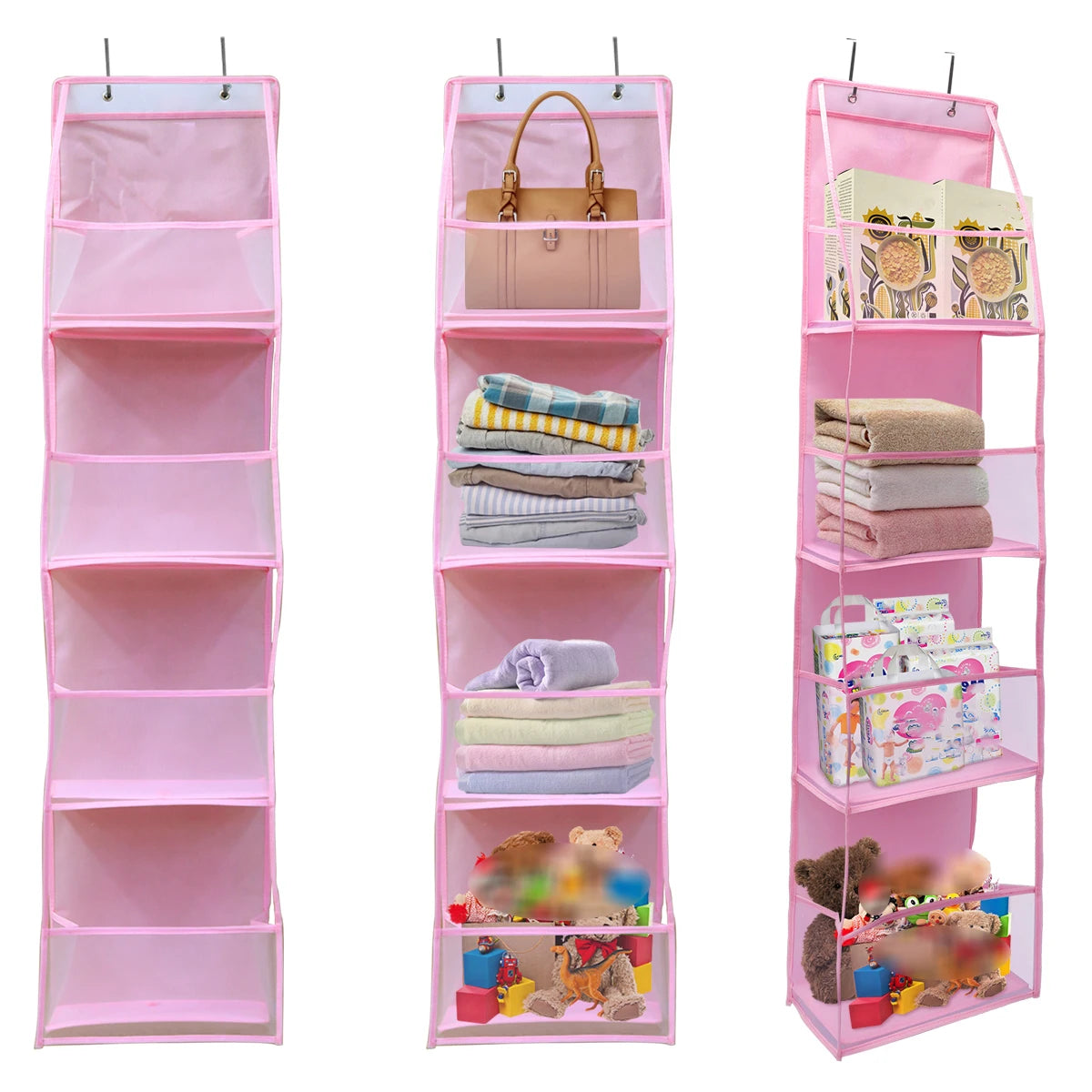 Pink foldable over-the-door storage organizer with multiple compartments for organizing various items