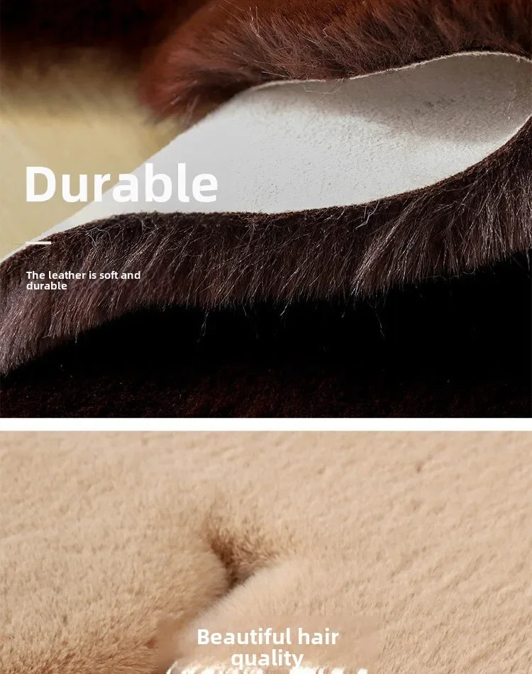 Close-up of a plush bear-shaped non-slip area rug showing durable leather material and beautiful hair quality.