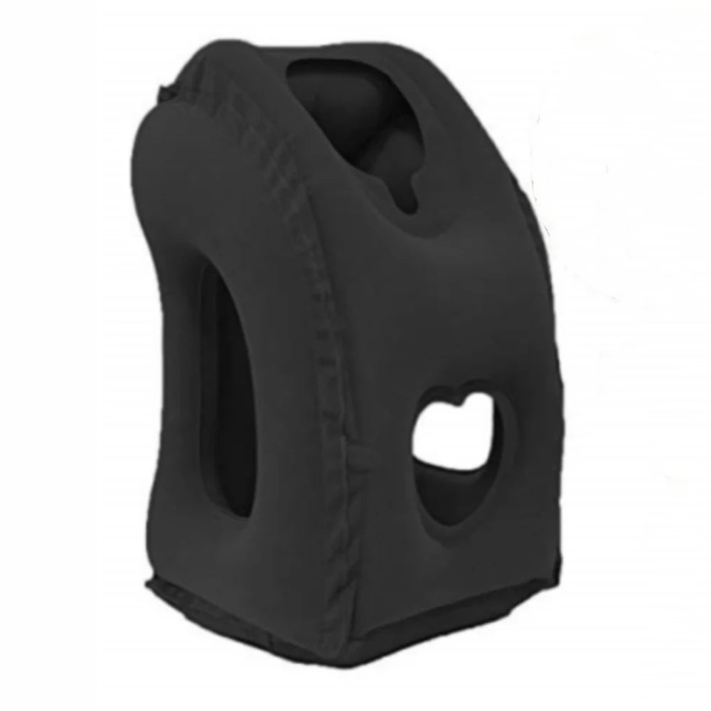 Black inflatable travel neck pillow with chin support