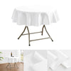 A white satin round table cloth displayed on a metal pedestal stand.