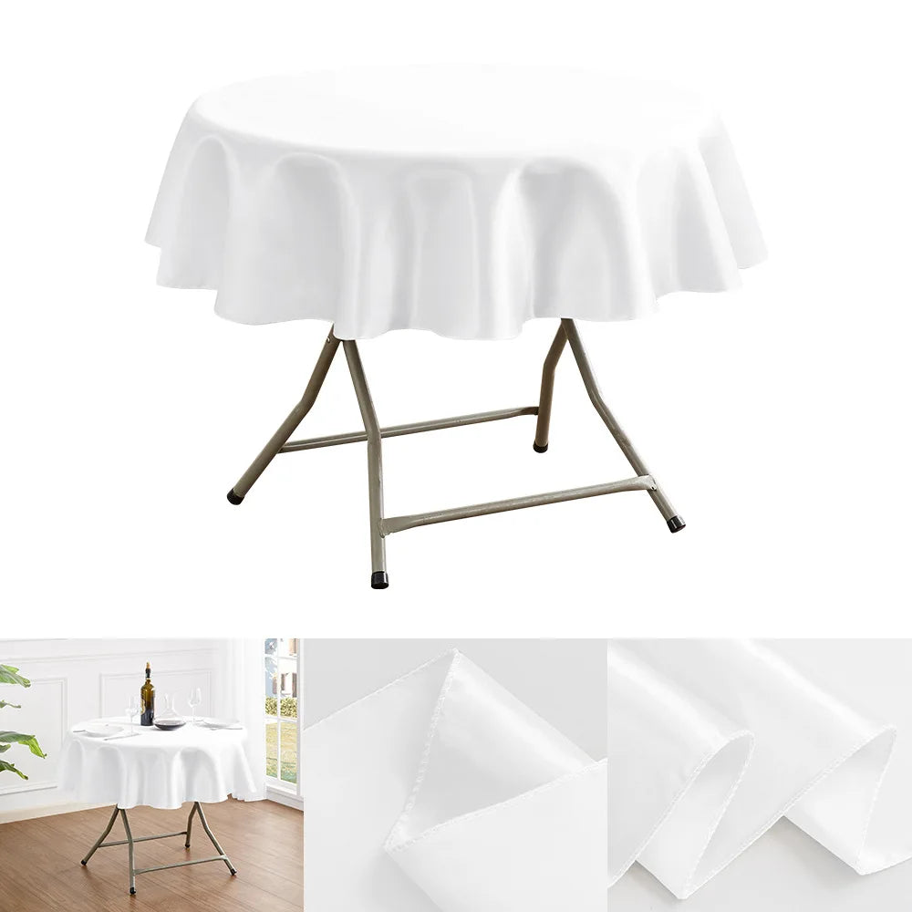A white satin round table cloth displayed on a metal pedestal stand.