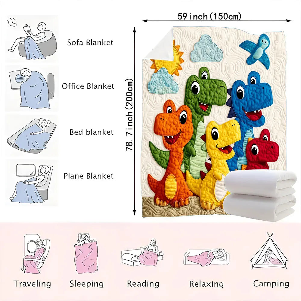 A collection of dinosaur cartoon throw blankets displayed alongside various activities like traveling, sleeping, reading, rel