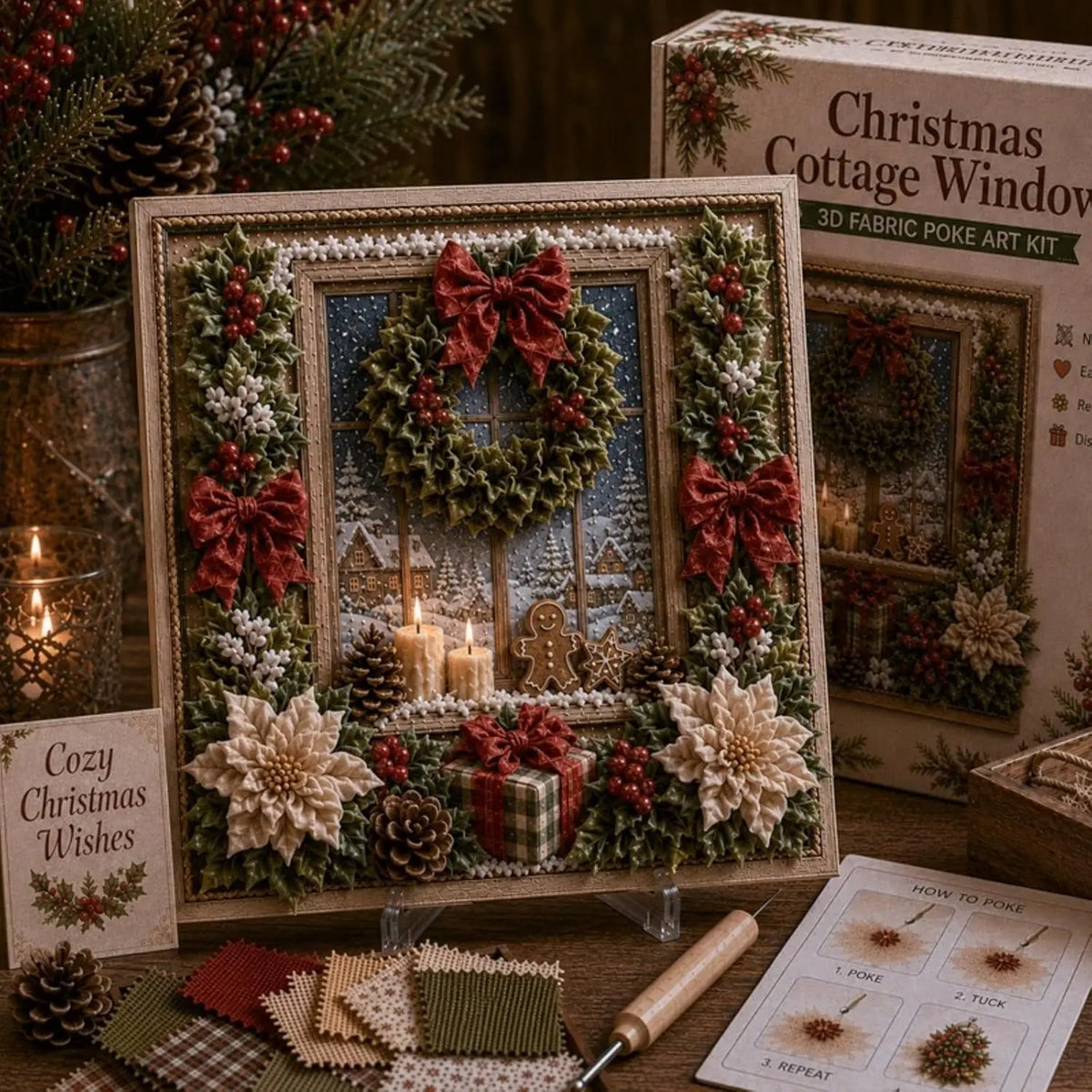 A vintage Christmas fabric art kit featuring a framed wreath and holiday decorations on a wooden surface.