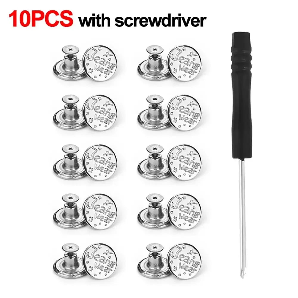 A set of 10 metal jeans button repair kits with a screwdriver tool.