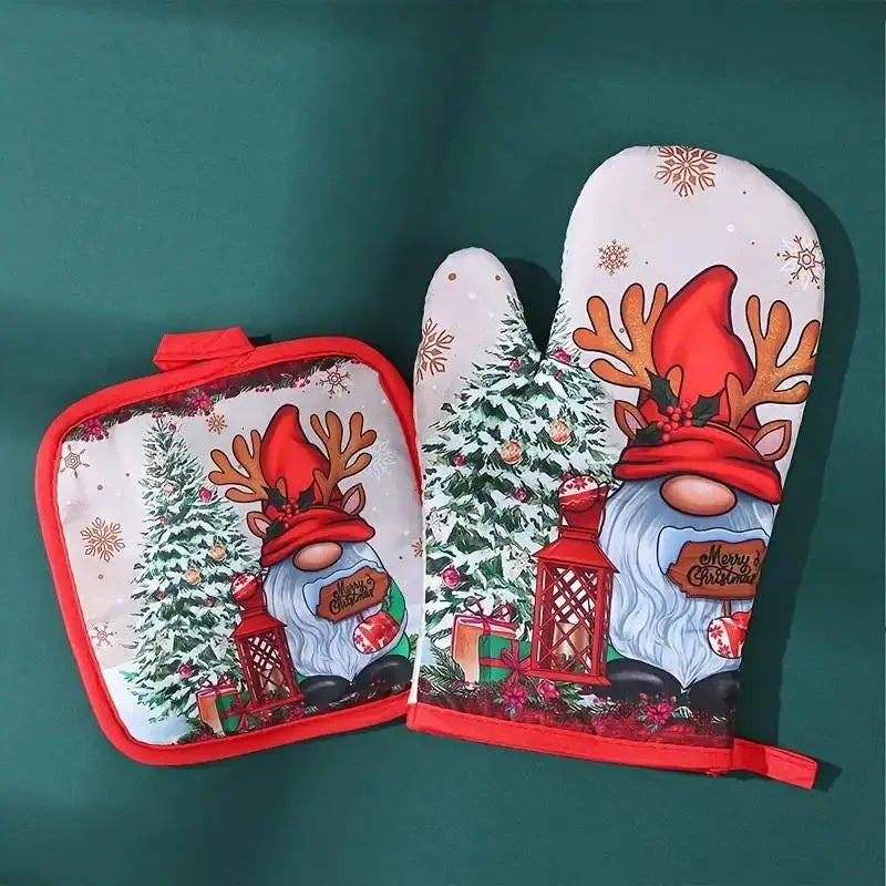 Pair of festive Christmas insulated oven mitts featuring Santa and snowman designs on a light background