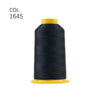 A spool of black embroidery thread with a yellow plastic core.