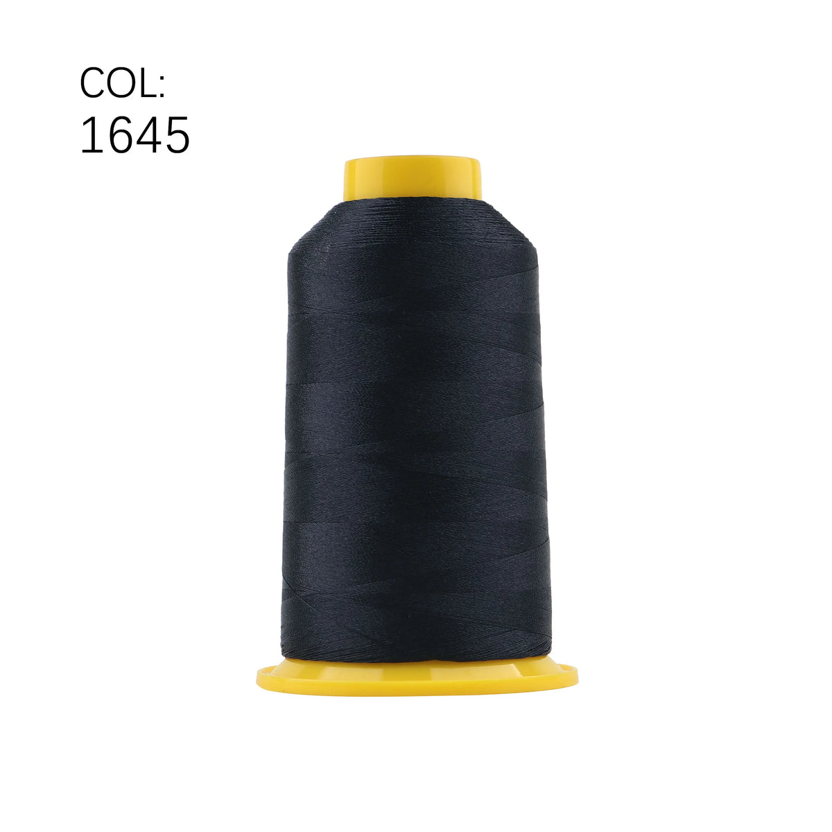 A spool of black embroidery thread with a yellow plastic core.