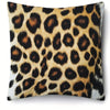 A square decorative pillow cover featuring a realistic leopard print pattern in shades of brown and black.