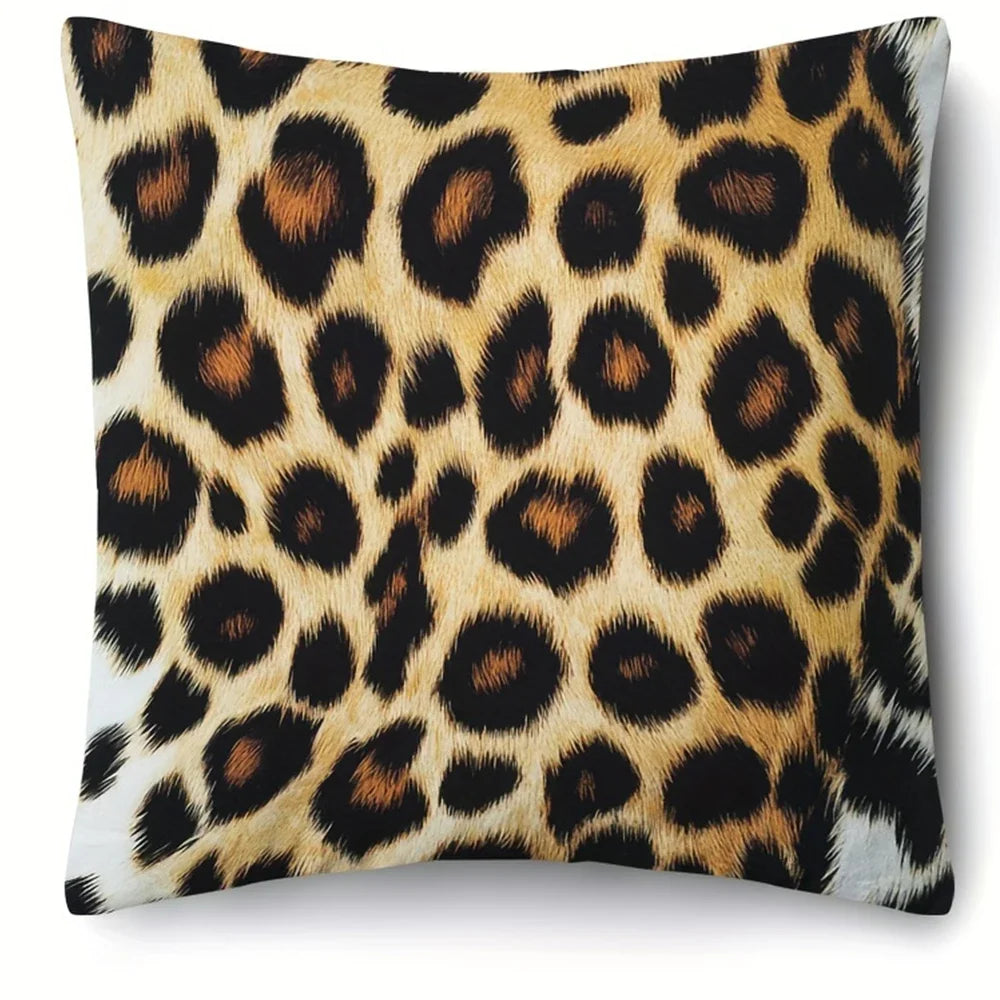 A square decorative pillow cover featuring a realistic leopard print pattern in shades of brown and black.
