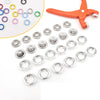 An orange pair of pliers is shown next to various metal and plastic snap buttons and rings for DIY projects.