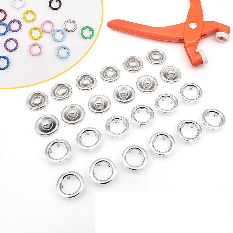 An orange pair of pliers is shown next to various metal and plastic snap buttons and rings for DIY projects.