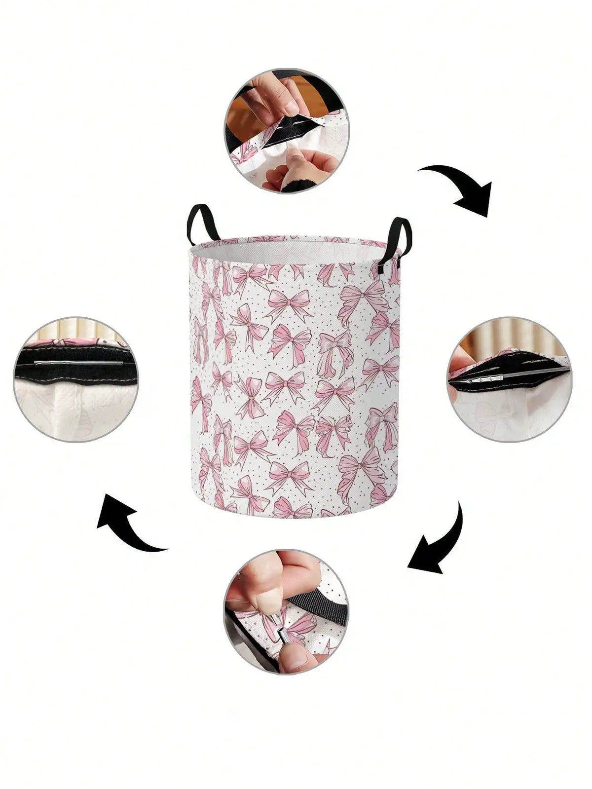A pink patterned foldable canvas laundry basket with black handles shown from various angles.
