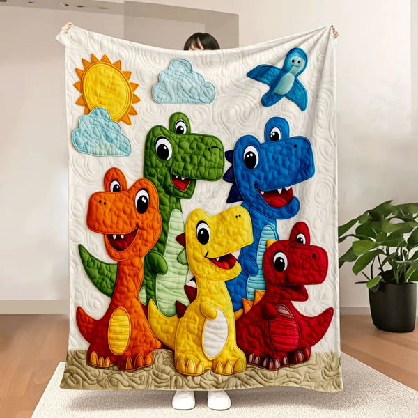 A throw blanket featuring colorful cartoon dinosaurs like a yellow Tyrannosaurus Rex and green Brontosaurus on a white backgr