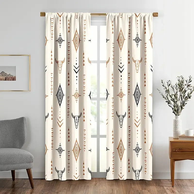 Light beige curtains featuring a repeating pattern of stylized bull skulls and geometric tribal motifs.