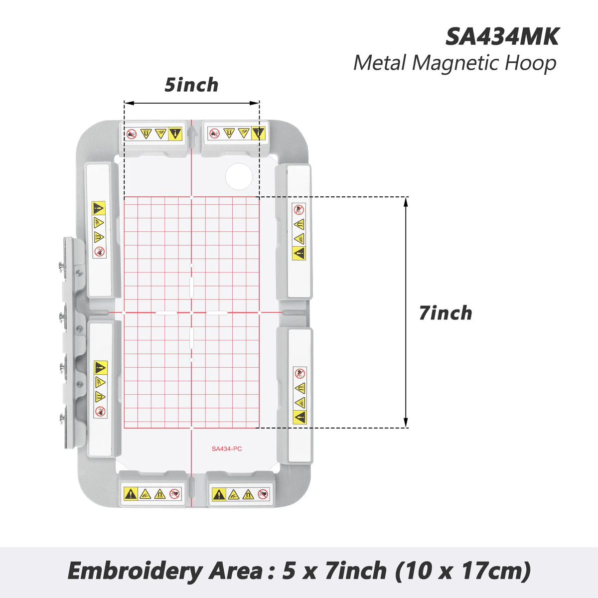SA434MK Metal Magnetic Hoop for embroidery machines, showing its size and grid pattern.
