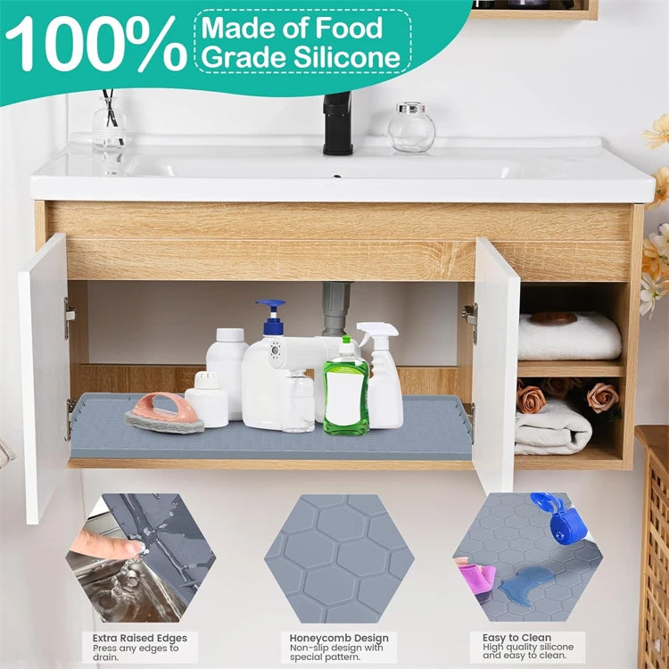 White silicone under sink drain mat with extra raised edges and honeycomb design for easy cleaning