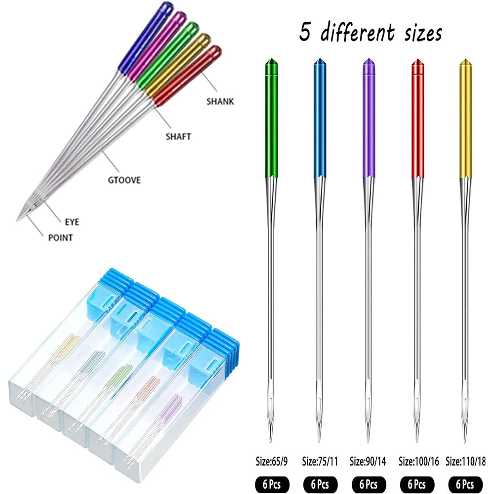 A set of five different sized sewing machine anti-jump needles shown with various shafts and points.