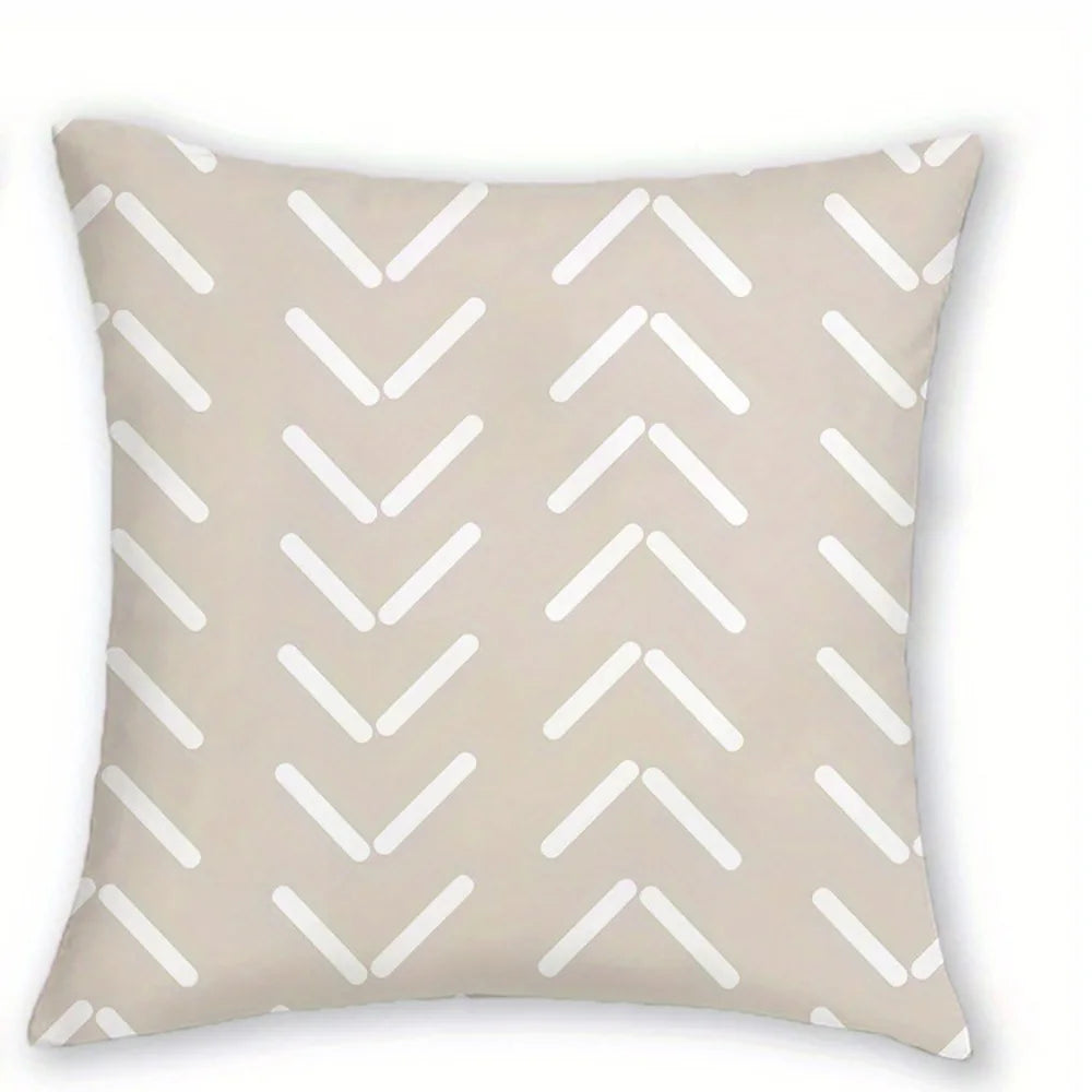 A square decorative pillow cover in beige fabric with a white chevron pattern.