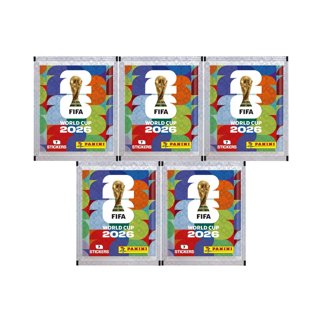 Pack of six FIFA World Cup 2026 Panini football stickers featuring the trophy and team colors
