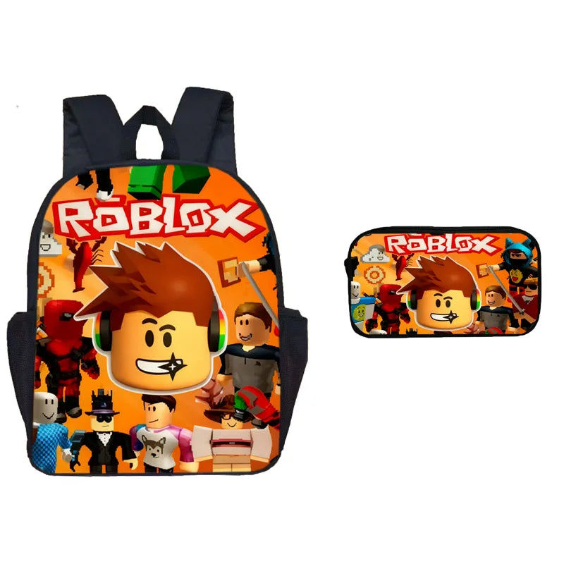 An orange Roblox themed dual-sided backpack and pen case set featuring characters and the Roblox logo.