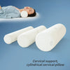 A white cylindrical cervical pillow is shown next to a person lying down, demonstrating its use for support and relaxation.