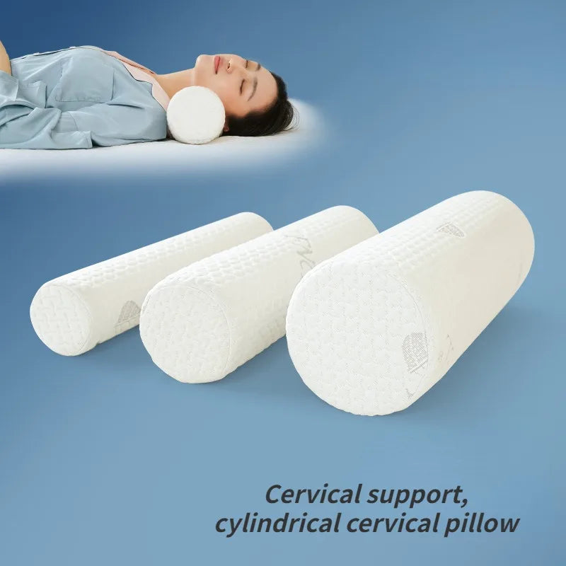 A white cylindrical cervical pillow is shown next to a person lying down, demonstrating its use for support and relaxation.