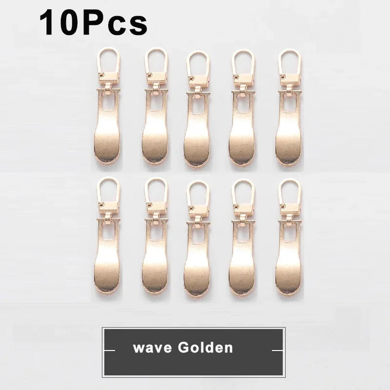 Ten replacement metal zipper pulls in a wave golden finish for bags and luggage.