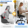 Before and after comparison showing the effect of an ergonomic memory foam lumbar support cushion on posture.