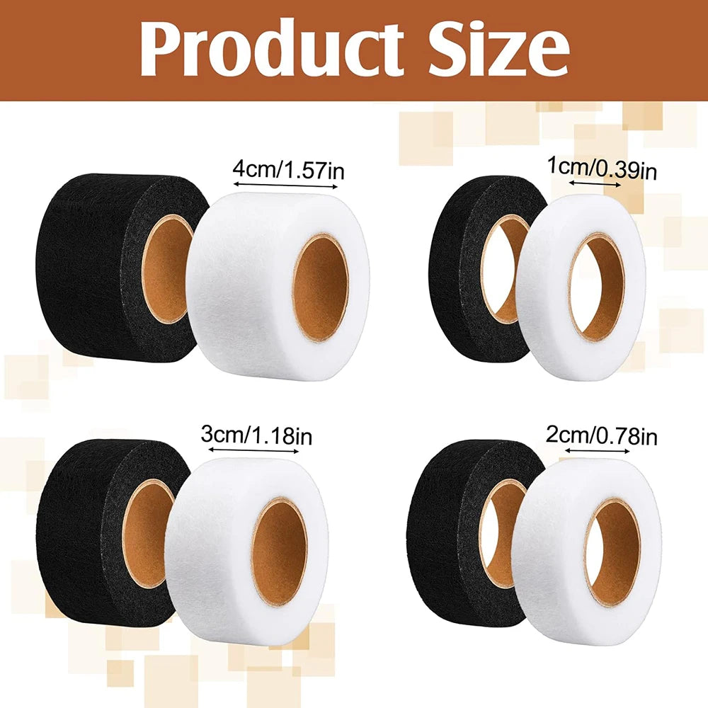 Various sizes of black and white heavy duty iron-on hemming tape rolls shown with corresponding measurements.