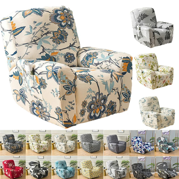 A set of floral print slipcovers for a recliner and sofa, shown in various fabric patterns and colors.