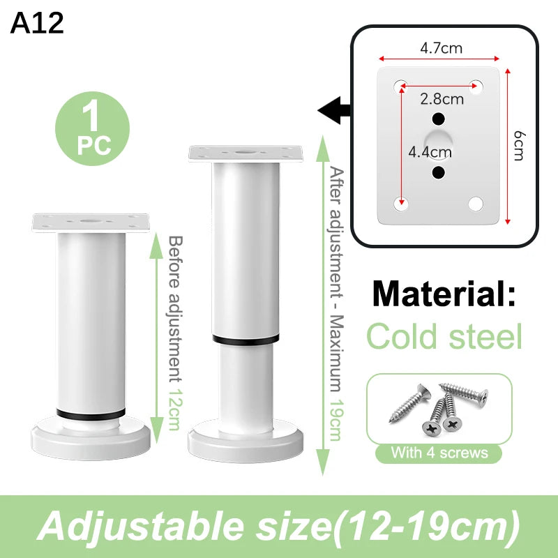 A set of adjustable cold steel furniture support legs with a white finish and four screws.
