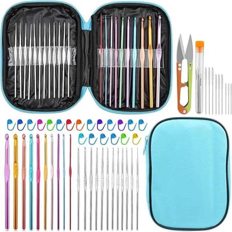 A set of crochet needles and stitch markers in various colors and sizes, packaged in a black case and a blue pouch.
