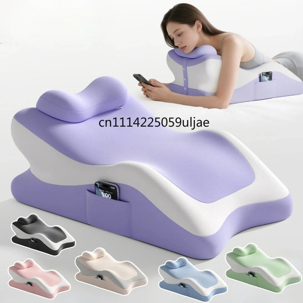 A large memory foam body pillow in purple and white is shown with a woman using it for comfort.