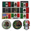 A collection of embroidered patches featuring the Mexican flag, eagle emblem, and national symbols.