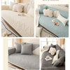 Three sofa covers in light cyan, light grey, and dark grey showing different textures and styles.
