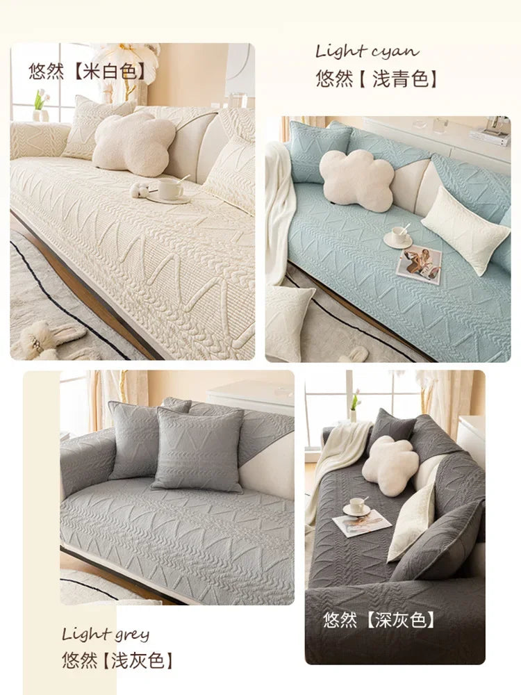 Three sofa covers in light cyan, light grey, and dark grey showing different textures and styles.