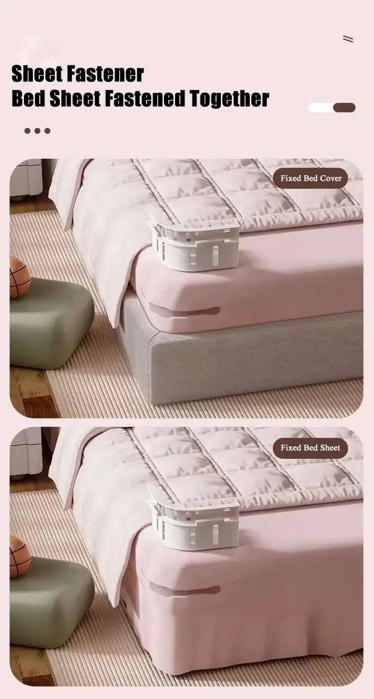 A pink bed sheet is secured to a pink mattress cover using invisible clips, shown in close-up.