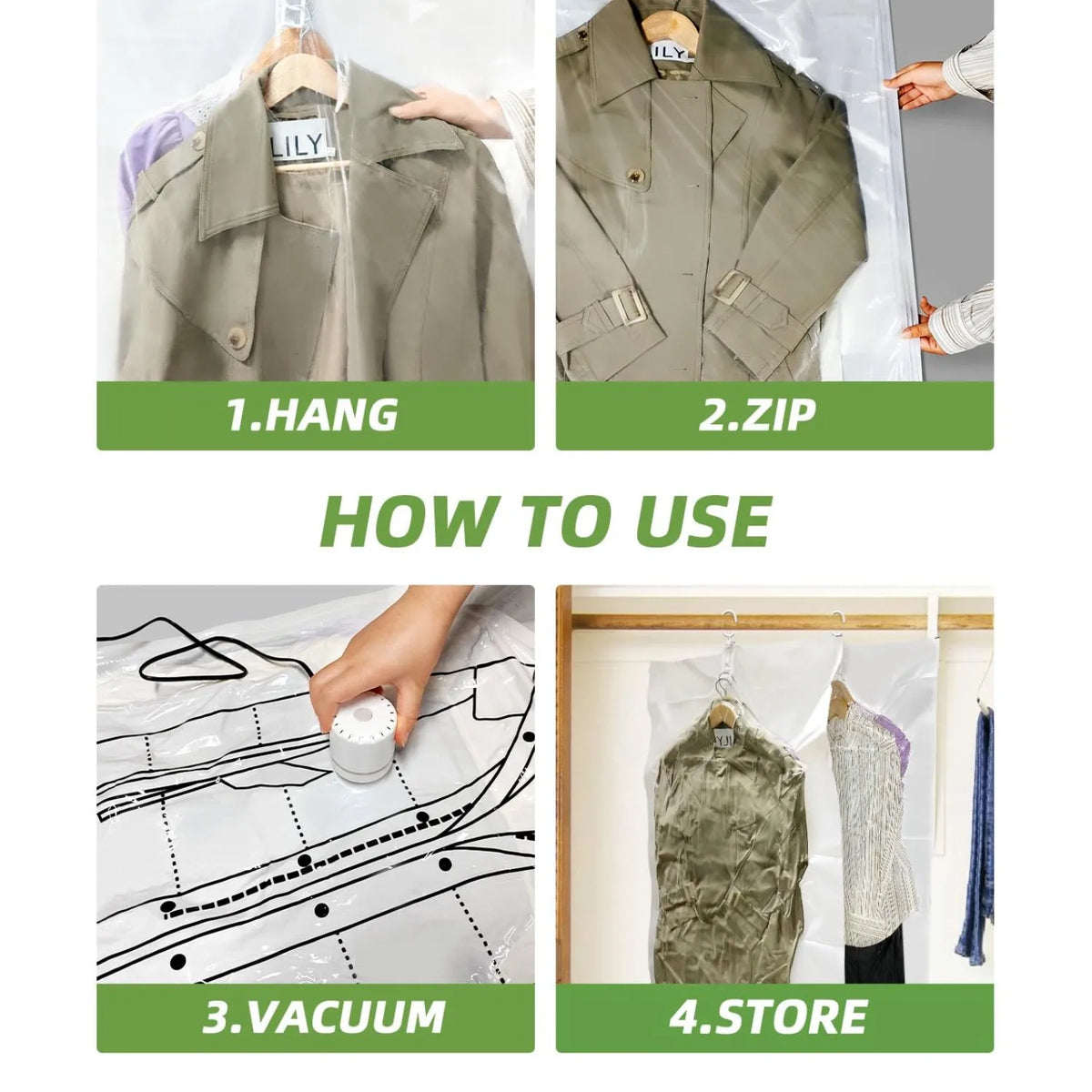 Instructions showing how to hang, zip, vacuum, and store clothing in bags.
