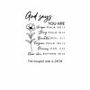 A black line drawing featuring Bible verses about being unique, strong, beautiful, forgiven, and precious.