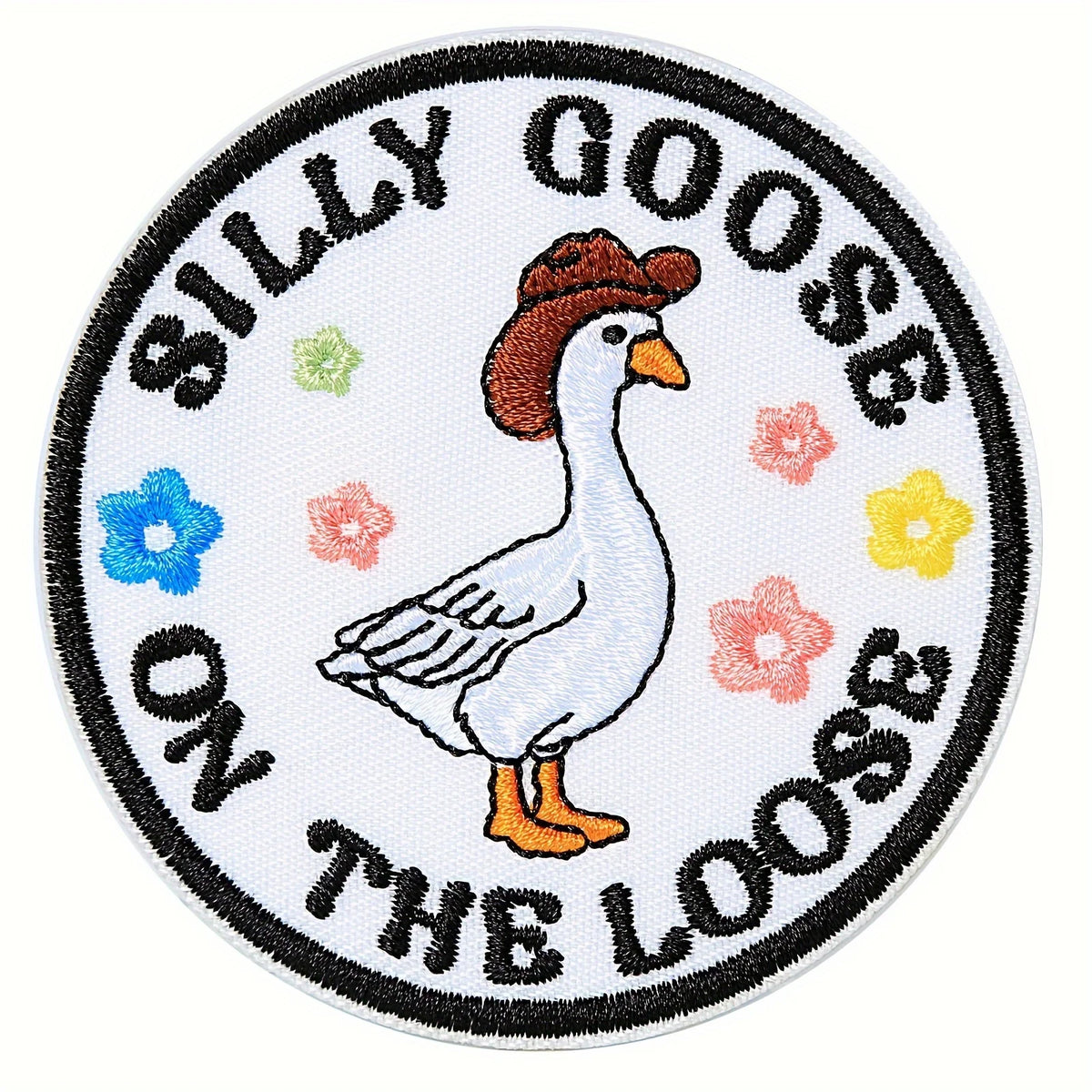 Embroidered hook and loop patch featuring a white goose on the loose design.