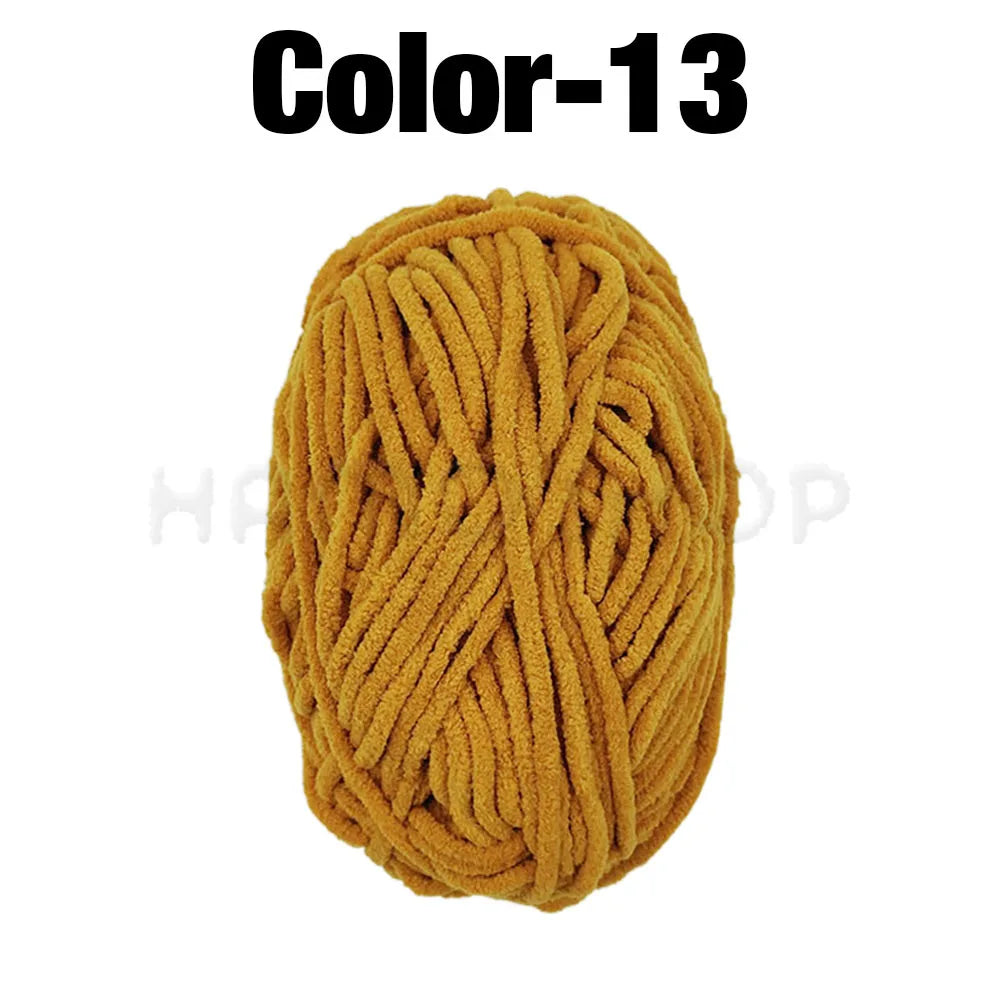 A ball of golden yellow chenille yarn labeled Color-13 for crafting.