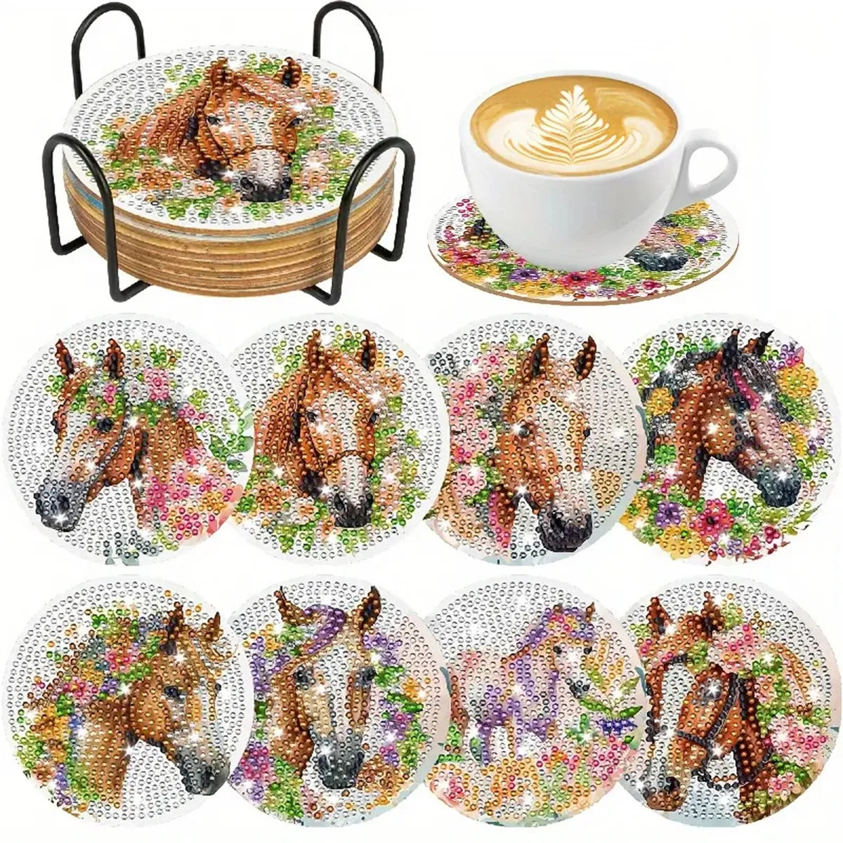 A set of diamond painting coasters featuring horses in various poses and colors.
