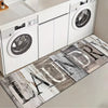 A rectangular indoor rug featuring wood grain print letters spelling out the word laundry